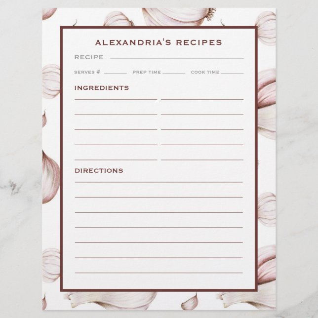 Papier Votre nom Garlic Recette Classeur Insérer (Devant)