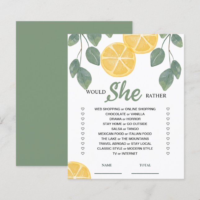 Papier Voudrait-Elle Plaire À Lemon Fête des mariées Game (Devant / Derrière)