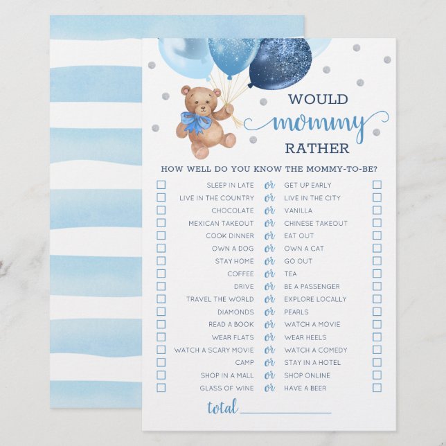 Papier Voudrait Maman Plutôt Jeu Baby shower Teddy Bear (Devant / Derrière)