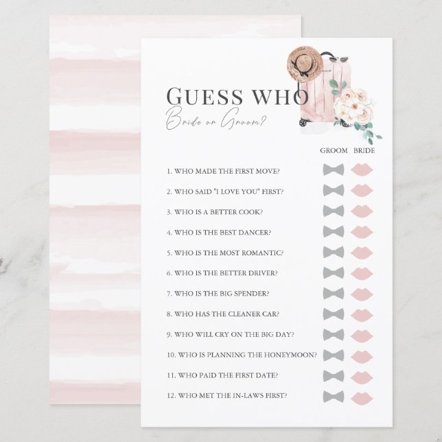 Papier Voyage Fête des mariées de valise rose Devinez Qui (Devant / Derrière)