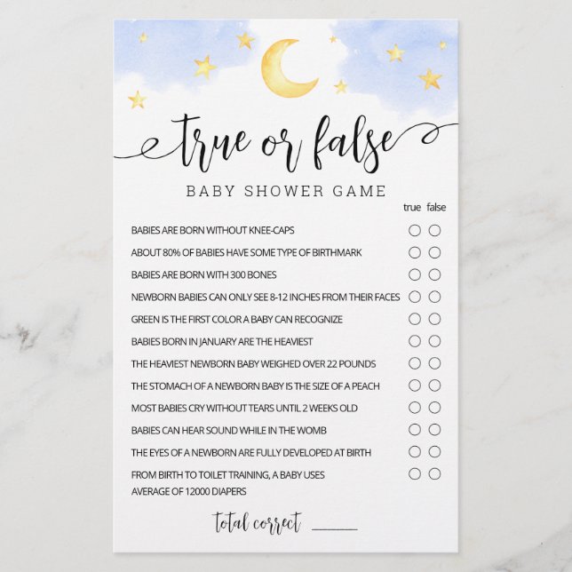 Papier Vrai ou faux Étoiles de jeu et Baby shower de lune (Devant)