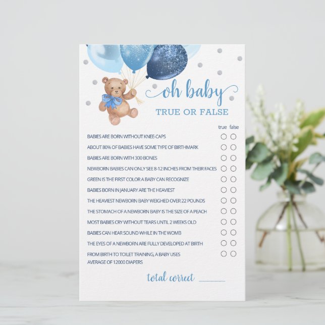 Papier Vrai Ou Faux Faits Jeu Baby shower Teddy Bear (Debout devant)