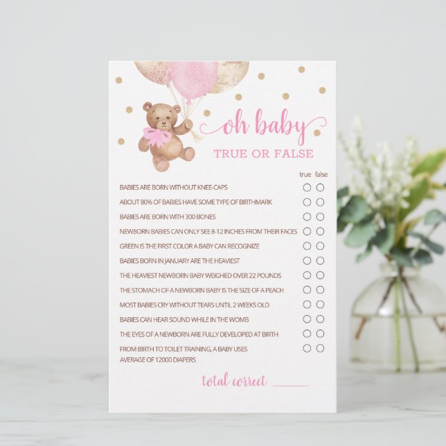 Papier Vrai Ou Faux Faits Jeu Baby shower Teddy Bear (Debout devant)