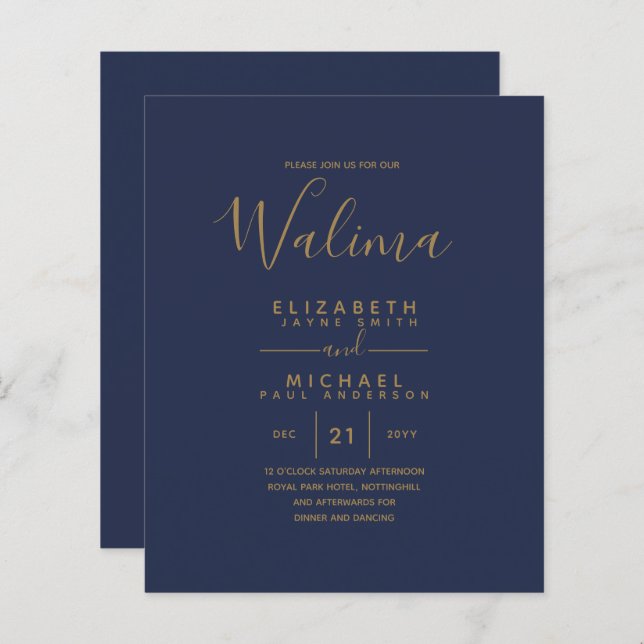 Papier WALIMA Budget Marine Blue Gold Mariage bilingue (Devant / Derrière)