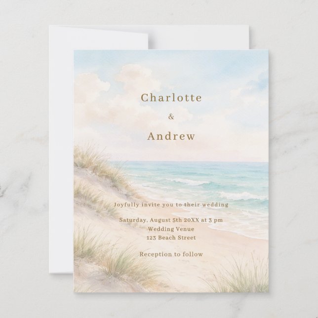Papier Watercolor beach coatal modern wedding invitation (Devant)