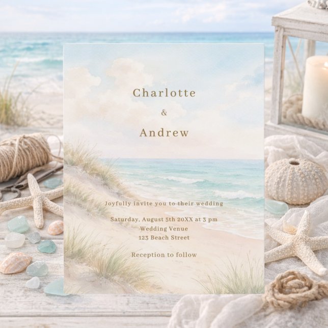 Papier Watercolor beach coatal modern wedding invitation (Créateur téléchargé)