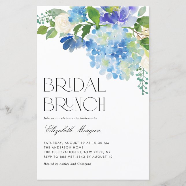 Papier Watercolor Blue Hydrangea Bridal Brunch Invitation (Devant)