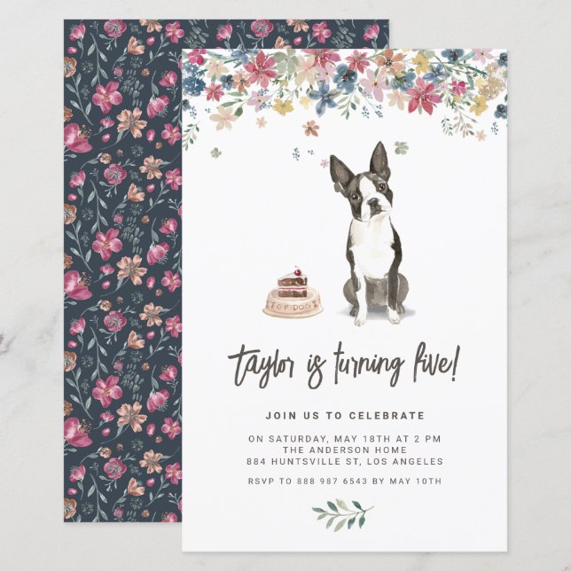 Papier Watercolor Boston Terrier Dog Invitation d'anniver (Devant / Derrière)