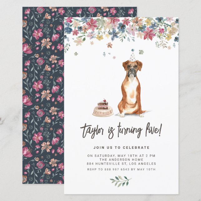 Papier Watercolor Boxer Chien Anniversaire Fête Invitatio (Devant / Derrière)