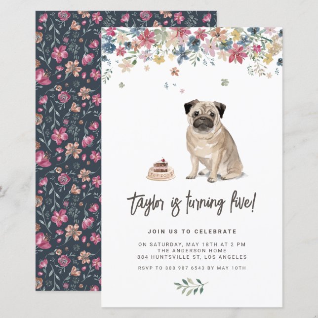 Papier Watercolor Carlin Chien Anniversaire Fête Invitati (Devant / Derrière)