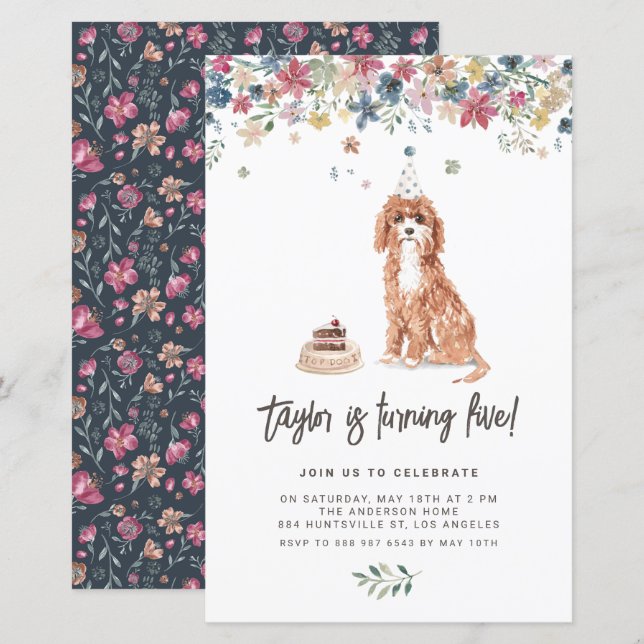 Papier Watercolor Cavapoo Chien Anniversaire Fête Invitat (Devant / Derrière)