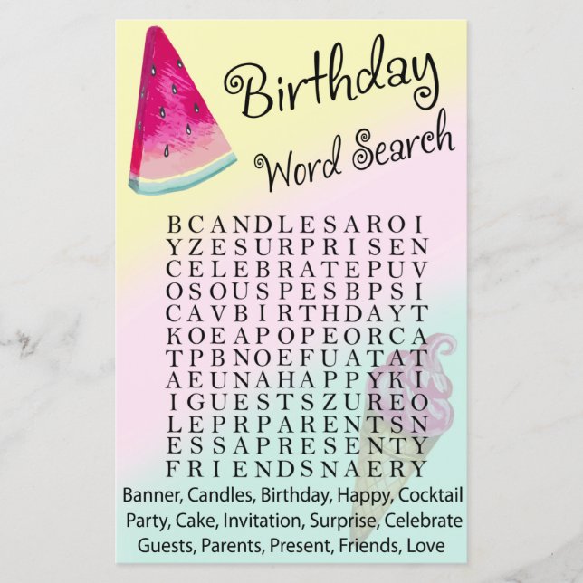 Papier Watermelon Anniversaire jeu de recherche par mot (Devant)