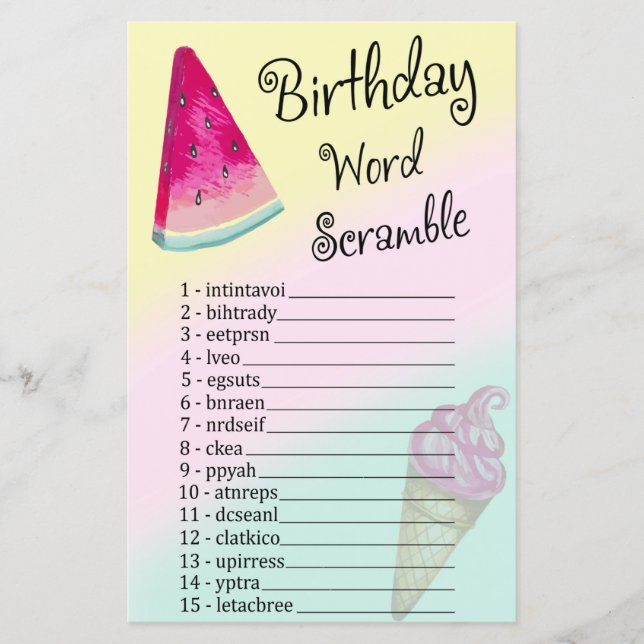 Papier Watermelon Anniversaire Mot Scramble Jeu (Devant)