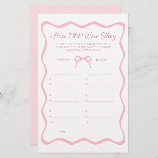 Papier Wavy Pink Bow Baby shower Devine Le Jeu De L'Âge (Devant / Derrière)