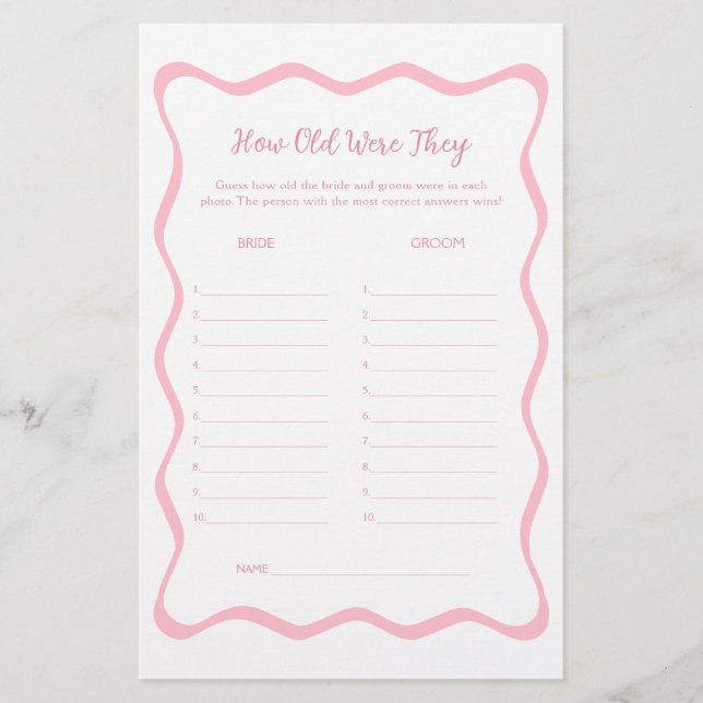 Papier Wavy Pink Fête des mariées suppose le jeu de l'âge (Devant)