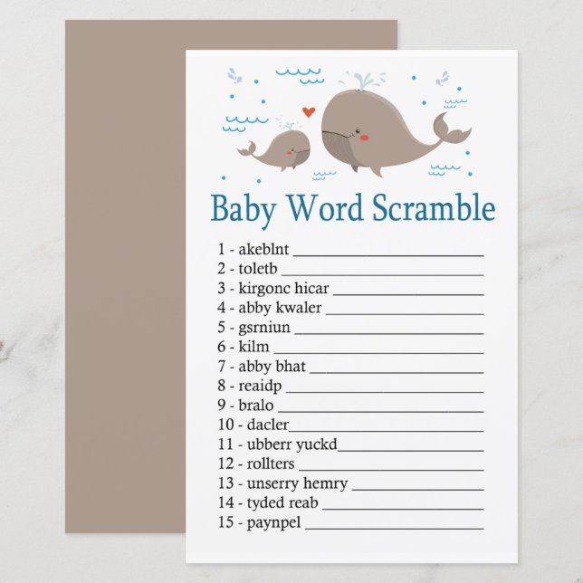 Papier Whale Baby jeu de mots scramble (Devant / Derrière)