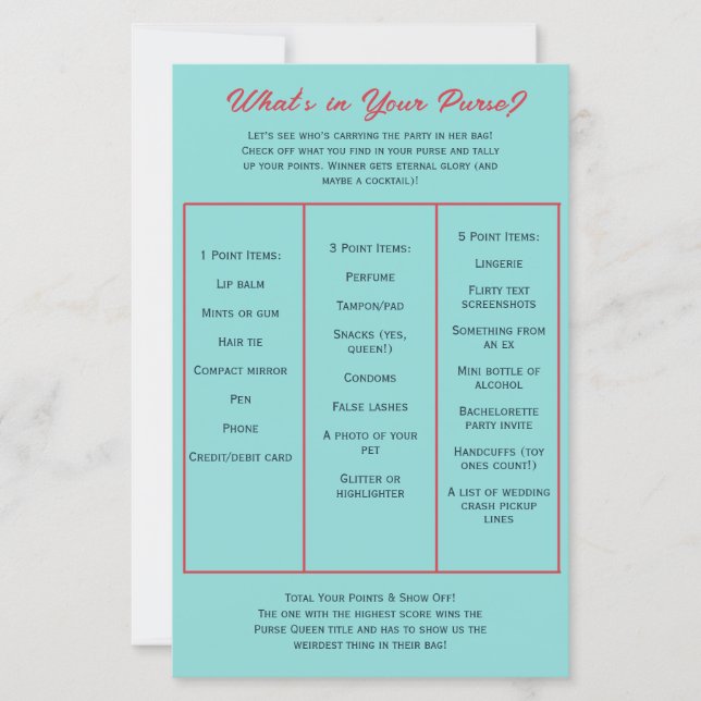 Papier What's in Your Purse? Bachelorette Party Game (Devant)