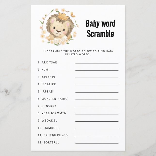 Papier Whimssical Lion King Baby shower Word Scramble Jeu (Devant)