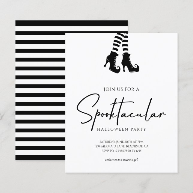Papier Whimsy Halloween Party Black and White Invitation (Devant / Derrière)