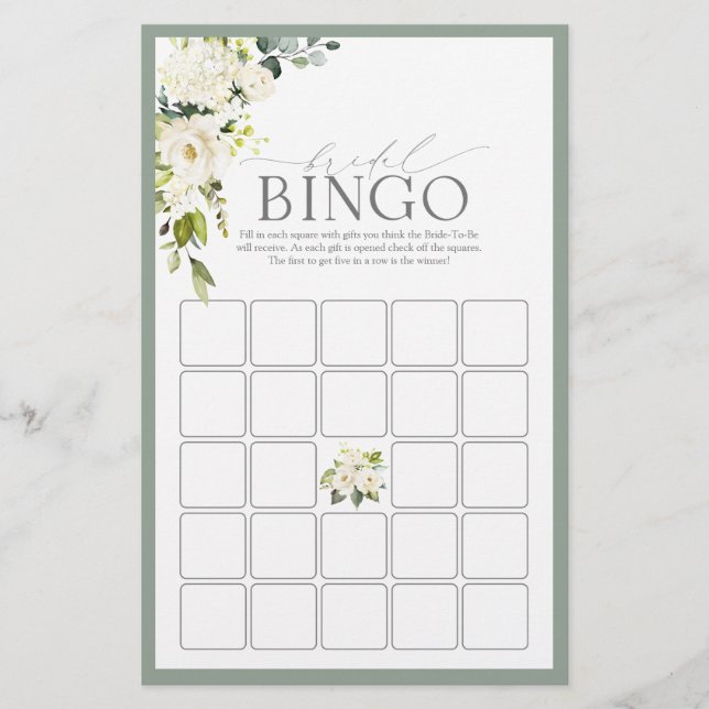 Papier White Grey Green Aquarelle Bride Jeu de Bingo (Devant)