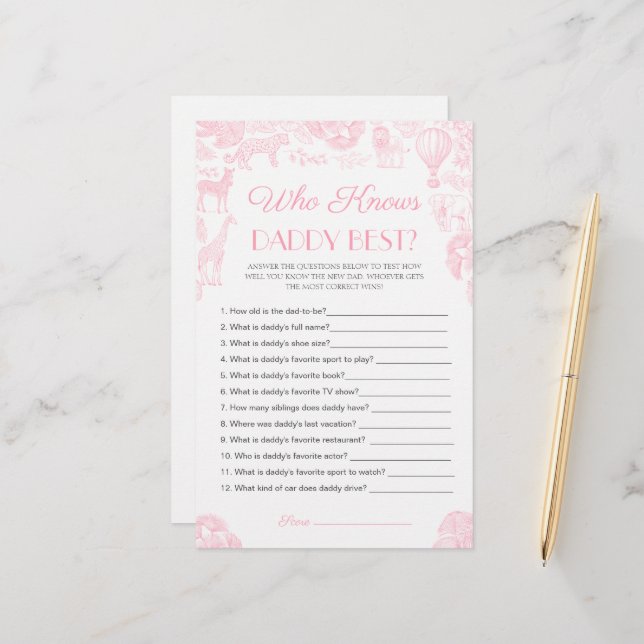 Papier Who knows daddy best Baby Shower Game Card (Devant/Arrière en situation)