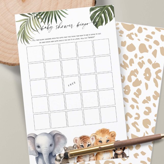 Papier Wild One Baby Boy Shower Bingo Safari Animaux (Baby Boy Shower BINGO game, Wild One Safari Animals Themed Baby Shower.)