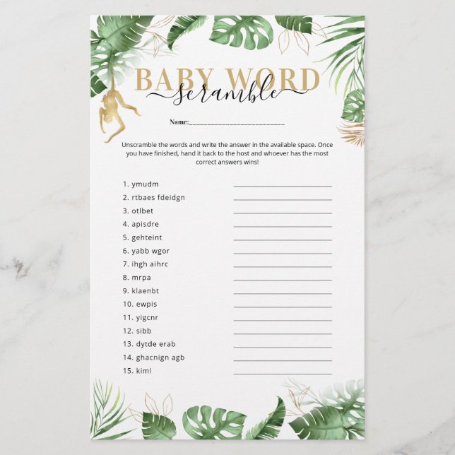 Papier Wild One Jungle 'Word Scramble' Jeu Baby shower (Devant)