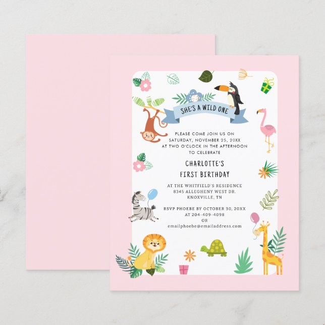 Papier Wild One Safari Animaux 1er anniversaire Invitatio (Devant / Derrière)