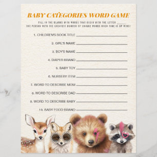 Papier Wild Woodland Baby showers Catégories Word Jeu