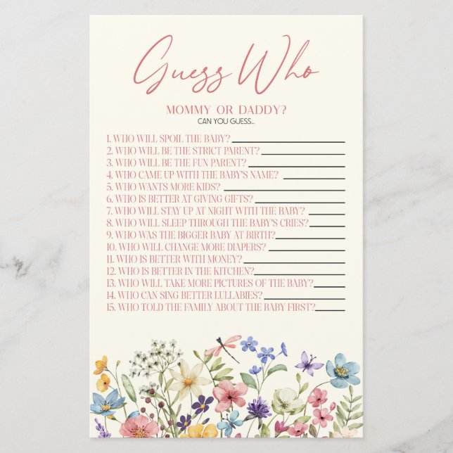 Papier Wildflower Floral Guess Who Baby Shower Game (Devant)