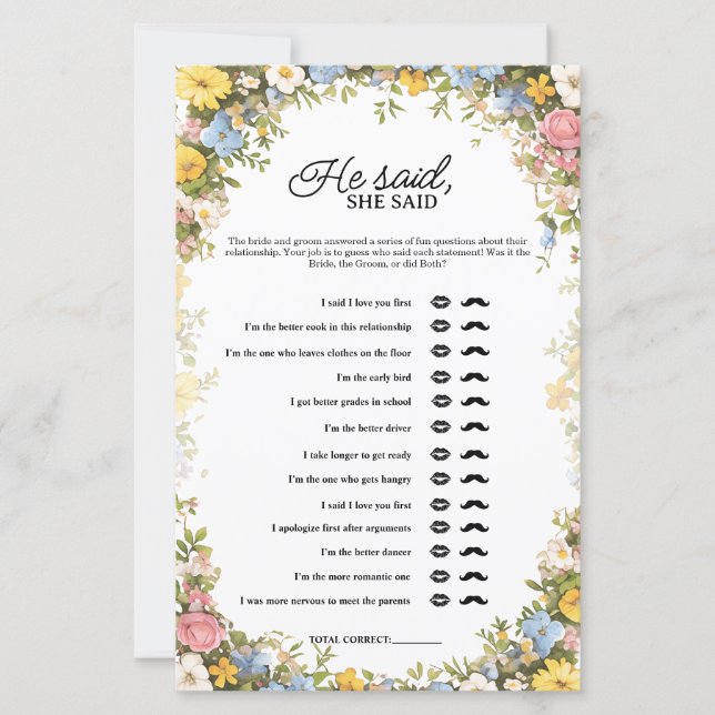 Papier Wildflower Tea Party He Said She Said Bridal Game (Devant)