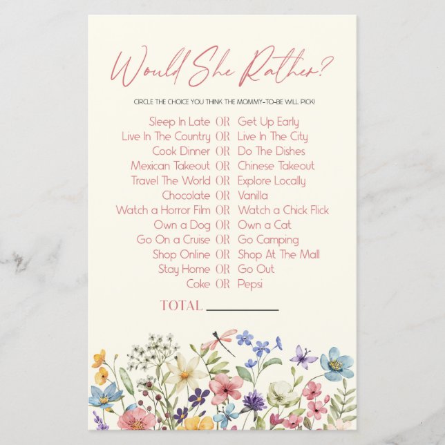 Papier Wildflower Would She Rather Baby Shower Game (Devant)