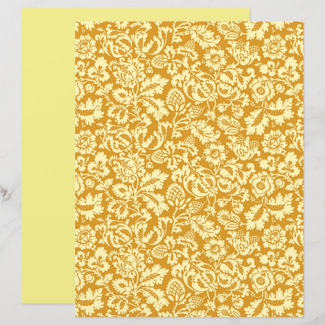 Papier William Morris Floral Damask, Jaune de moutarde (Devant / Derrière)