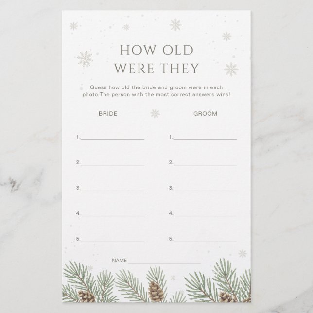 Papier Winter Bridal Shower Guess the Age Game (Devant)