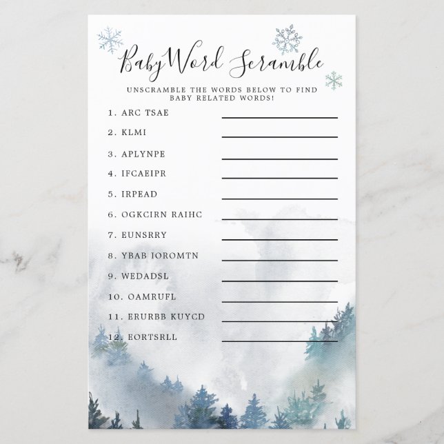 Papier Winter Wonderland Blue Baby Word Scramble Jeu (Devant)