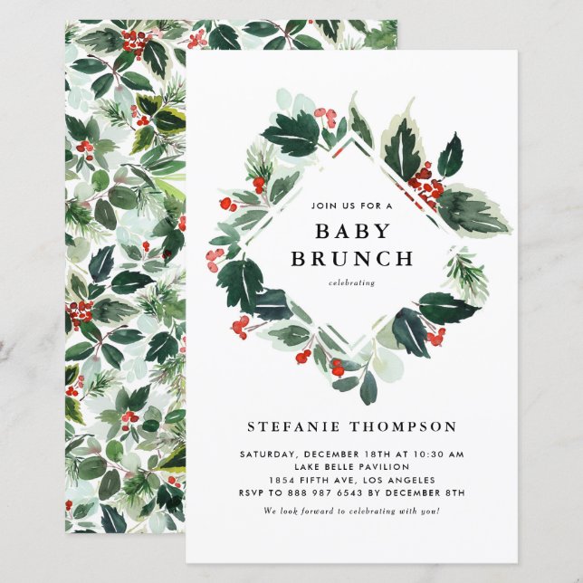 Papier Winterberry Holly Green Baby Brunch Invitation (Devant / Derrière)