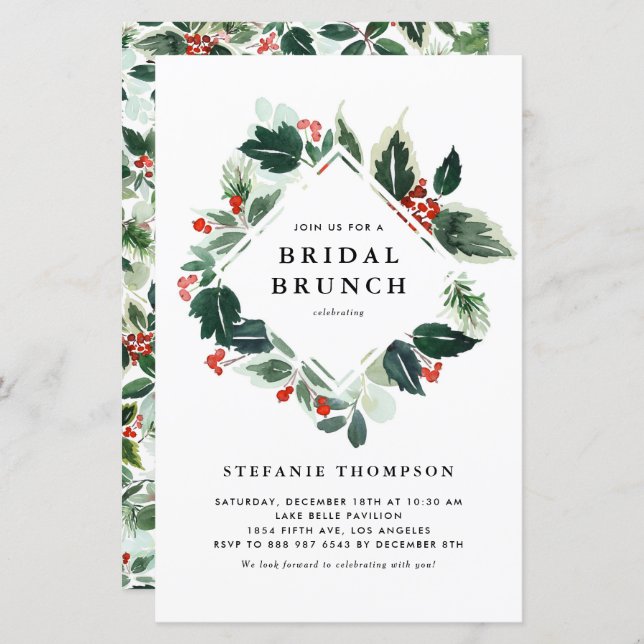 Papier Winterberry Holly Greenery Invitation de Brunch nu (Devant / Derrière)