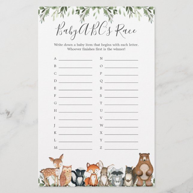 Papier Woodland Animals Baby shower ABC's Race Game (Devant)