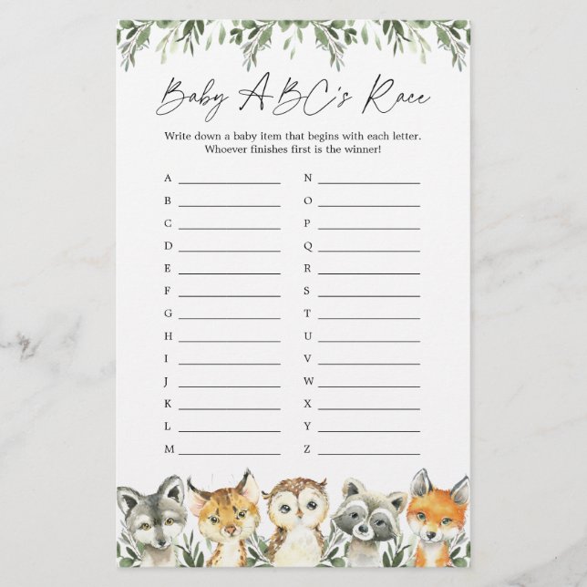 Papier Woodland Animals Baby shower ABC's Race Game (Devant)