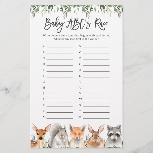 Papier Woodland Animals Baby shower ABC's Race Game (Devant)