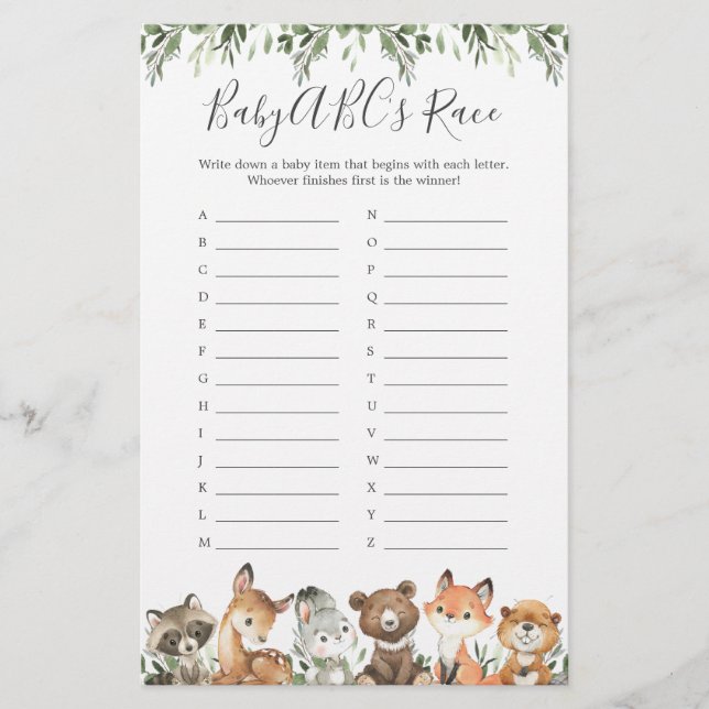 Papier Woodland Animals Baby shower ABC's Race Game (Devant)