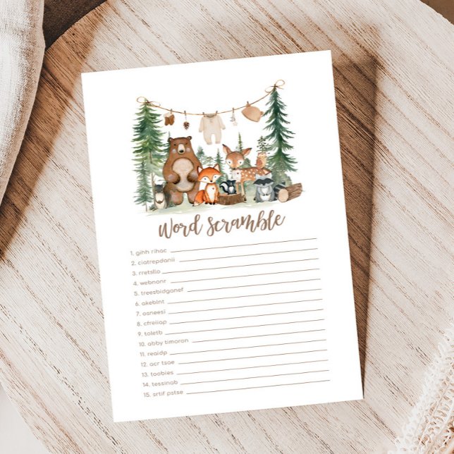 Papier Woodland Animals Baby Shower Word Scramble Game (Woodland Animals Adventure Awaits Rustic Baby Shower Game)