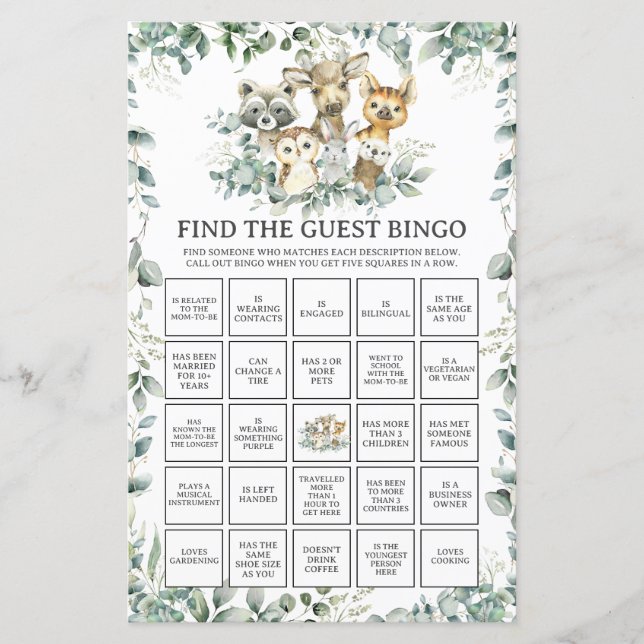 Papier Woodland Animals Greenery Find the Guest Bingo (Devant)