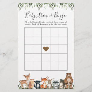 Papier Woodland Animaux Baby shower Jeu de Bingo