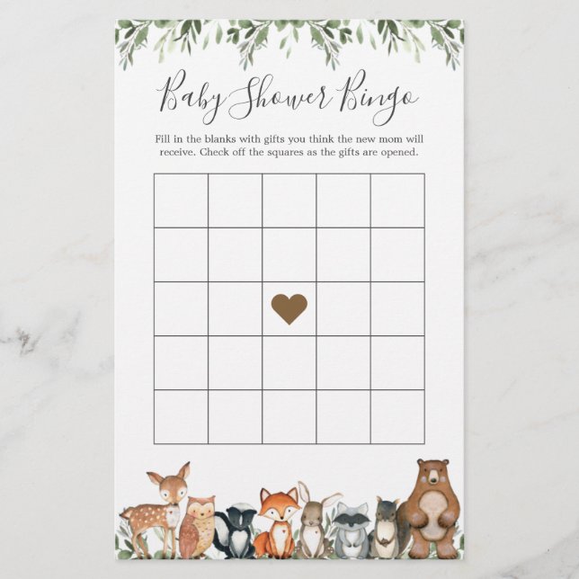 Papier Woodland Animaux Baby shower Jeu de Bingo (Devant)