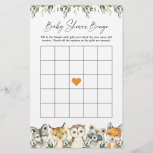 Papier Woodland Animaux Baby shower Jeu de Bingo