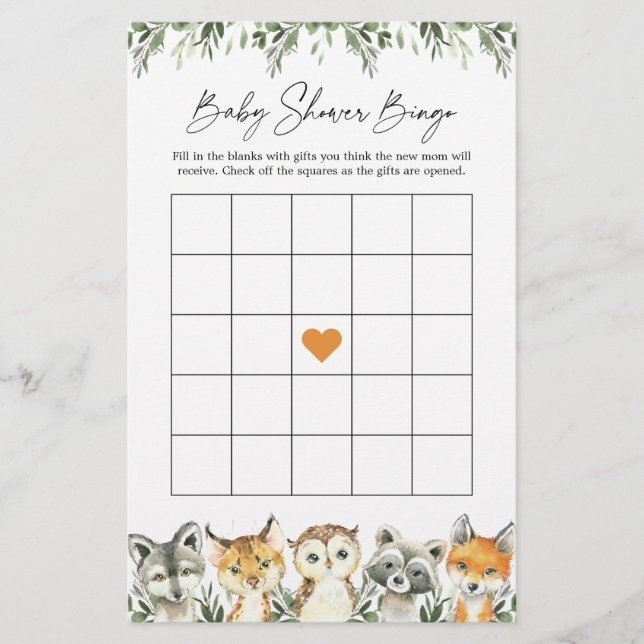 Papier Woodland Animaux Baby shower Jeu de Bingo (Devant)