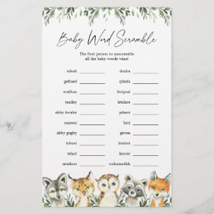 Papier Woodland Animaux Baby shower Word Scramble Jeu