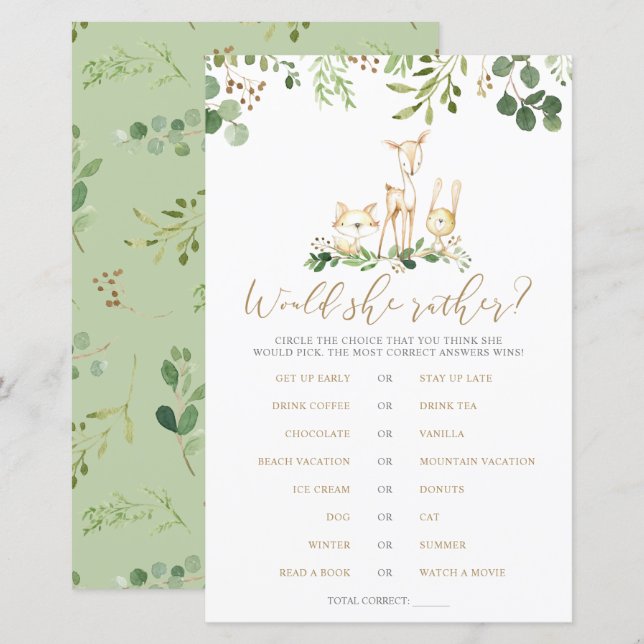 Papier Woodland Animaux Voudrait-Elle Plutôt Baby shower  (Devant / Derrière)