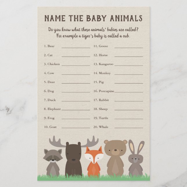 Papier Woodland Baby shower Bébé Nom animal Jeu (Devant)